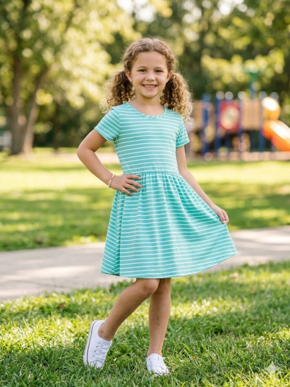 Pat Pat Mint Green White Striped Short Sleeve Jersey Skater Dress Toddler Girl 3